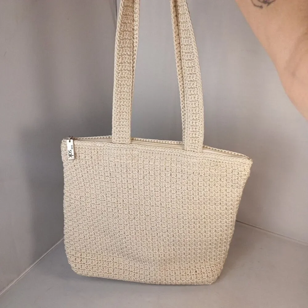The Sak Crocheted Knit Medium‎ Tote Shoulder Bag Purse Natural Tan Boho 12.5x11